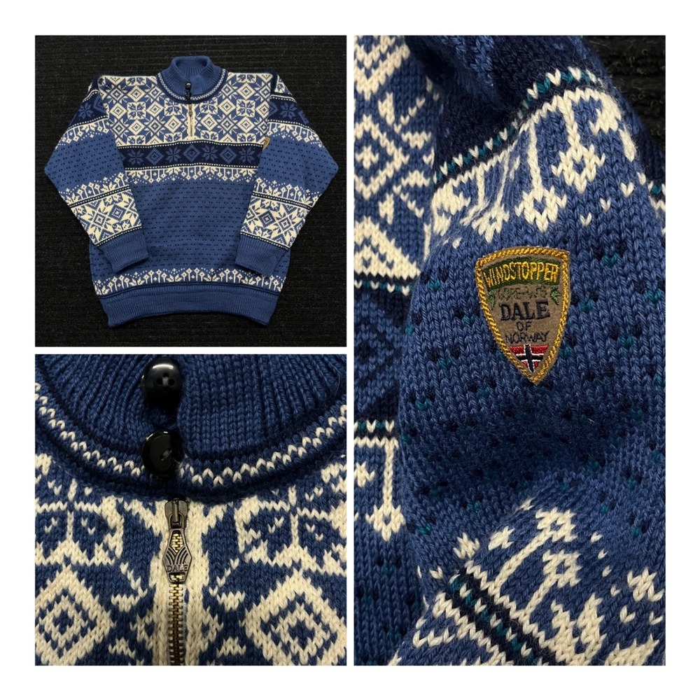 Dale of Norway Windstopper Wool Sweater Mens M Blue Nordic Fair Isle Quarter Zip